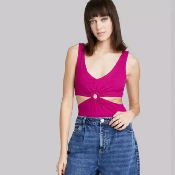 Wild Fable V-neck Side Cut Out Circular Center Plum Purple Tank Bodysuit - Picture 1 of 14